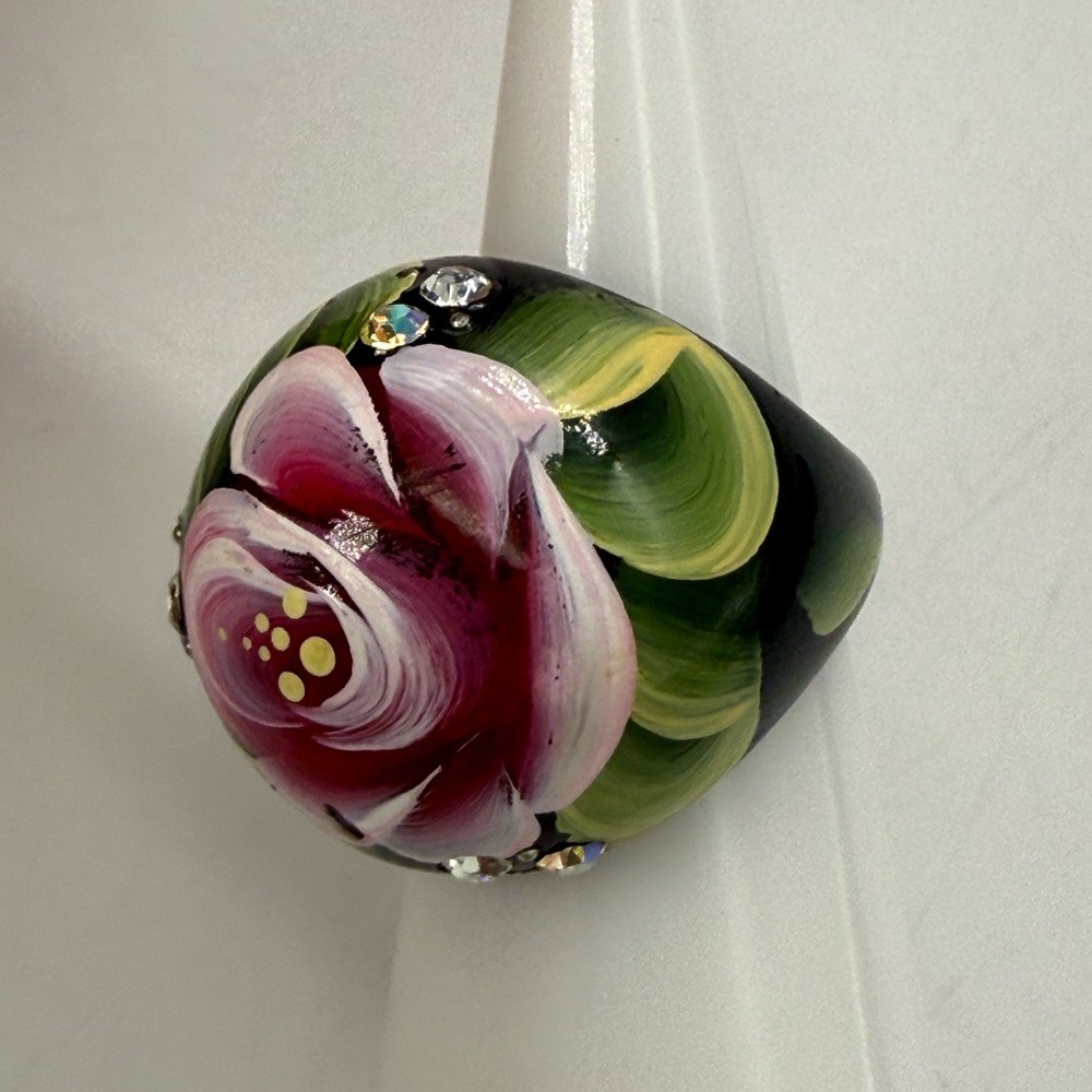 Sparkly Chunky Black Hand Painted Floral Rhinestone Statement Ring Size‎ 7